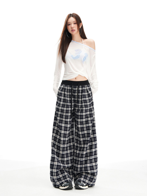 橙绢女装#美式抽绳高腰宽松格子阔腿裤秋冬松弛感慵懒百搭休闲裤|undefined