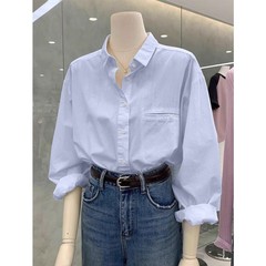 简约风属性纯色宽松长袖衬衫女韩版精致小翻领休闲百搭衬衣外套
