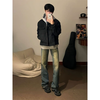 美式复古vibe裤子水洗做旧黄泥染牛仔裤男直筒修身cleanfit微喇裤