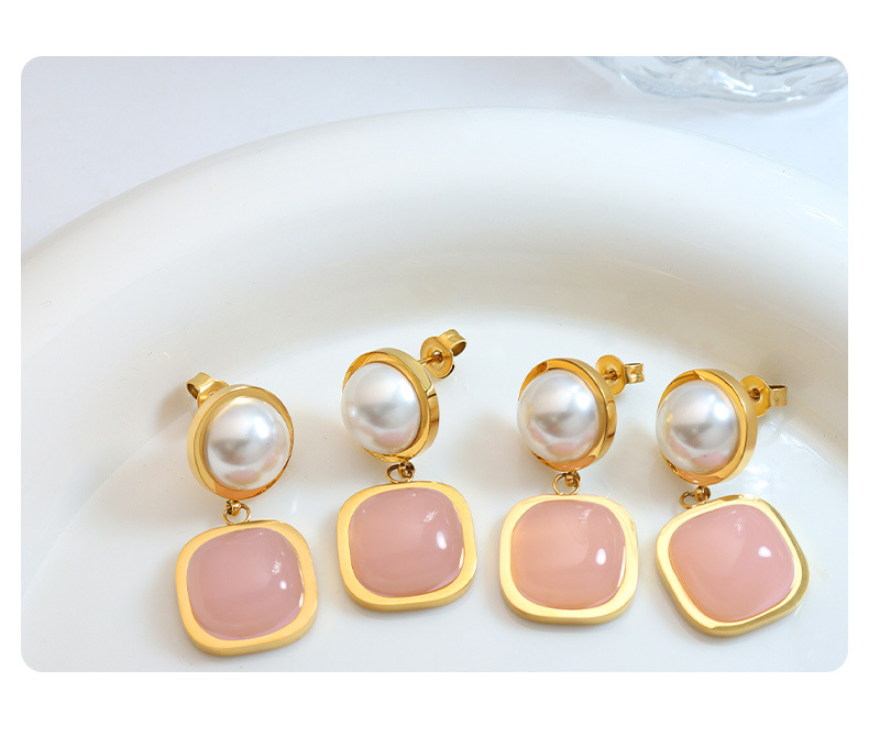 Elegant Round Square Titanium Steel Plating Artificial Pearls Drop Earrings 1 Pair