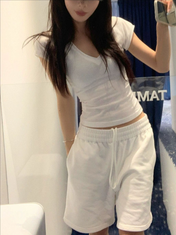 SUNONEOE VネックカールラグランスリーブTシャツレディース夏アメリカンスタイルスリムフィットハイエンドウエストニッチトップ|undefined