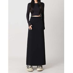 夏用薄手の大きいサイズの黒のロングスカート、太った女性用、バックスリットロングスカート、ストレートレッグ、スリム、ヒップカバー、ハイウエストスカート