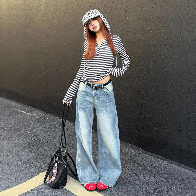 Plus-Size American Retro Washed Slub Denim Jeans for Women, Korean Style Loose Straight-Leg Slimming Casual Floor-Length Wide-Leg Pants Plus-Size American Retro Washed Slub Denim Jeans for Women, Korean Style Loose Straight-Leg Slimming Casual Floor-Length Wide-Leg Pants