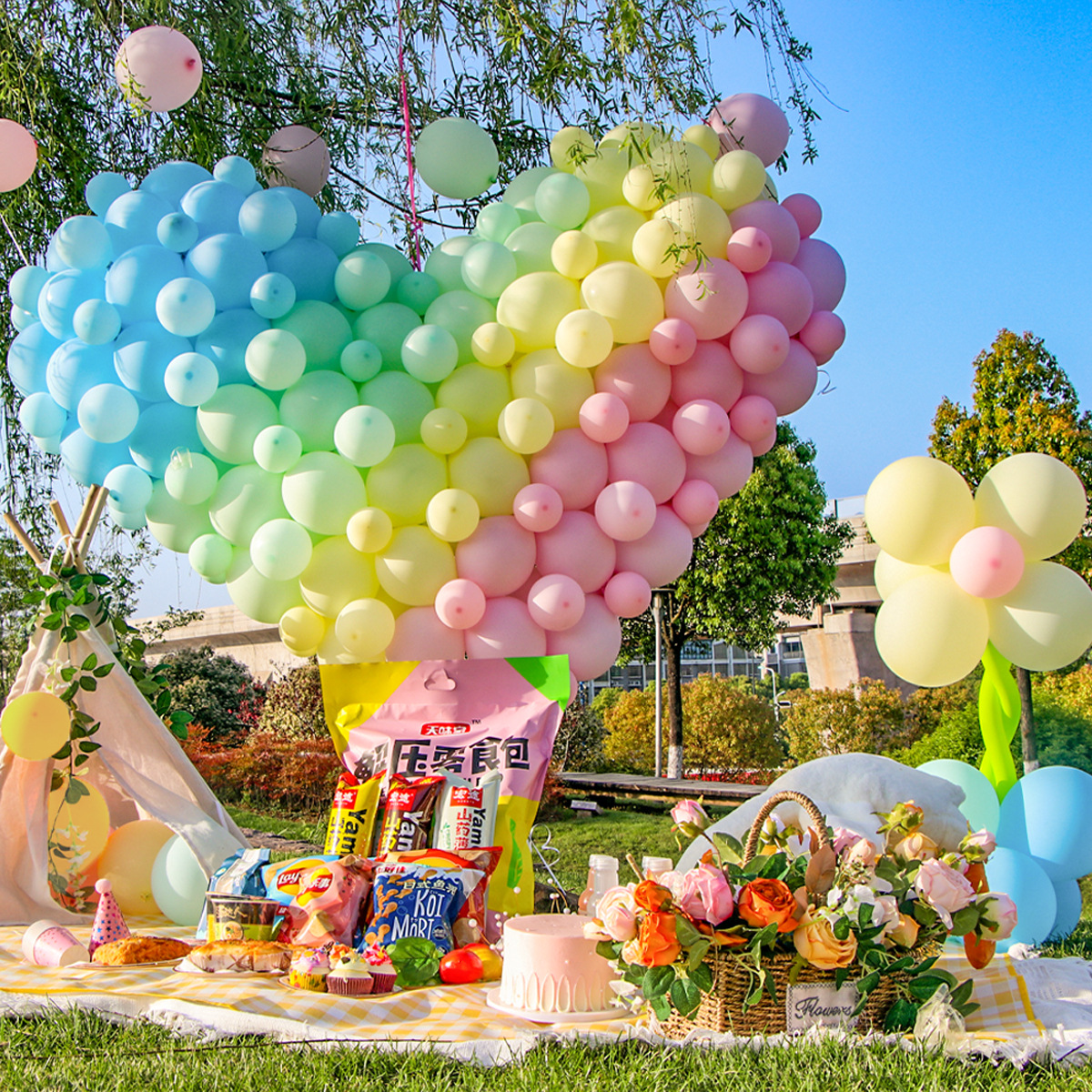 網紅ins風野餐氣球套裝 生日派對裝飾布置野外露營乳膠氣球鏈套裝