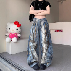 美式复古大码污渍脏染弯刀牛仔裤子女2025春辣妹乱针刺绣拖地长裤