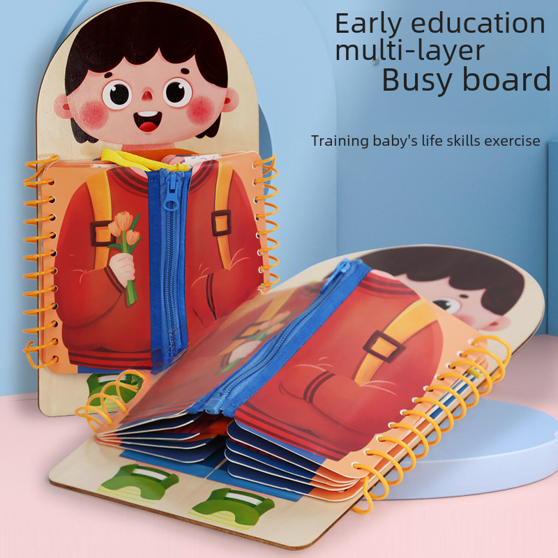 Children's wooden multi-layer busy board Montessori Early Education educational toys kindergarten practice dressing practical ability utensils