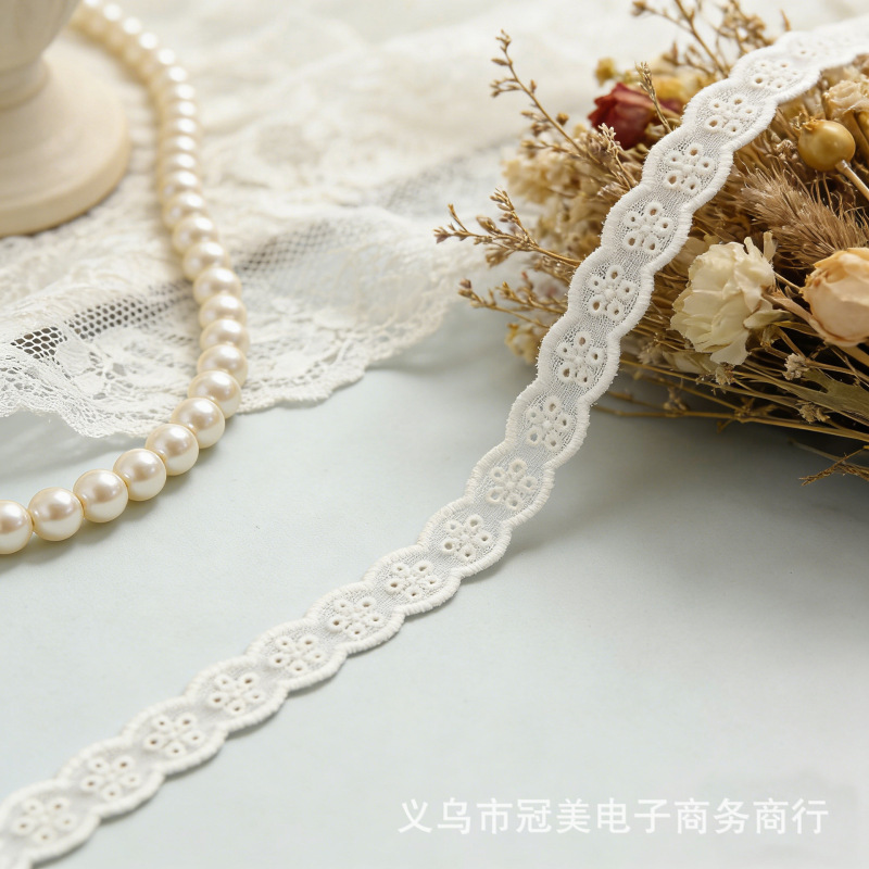 Factory Direct Sales 1.4cm New Style Five-Sided Floral Wave Water-Soluble Cotton Lace, In-Stock Wholesale DIY Clothing Accessories