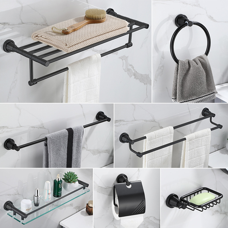 Black Space Aluminum Bathroom Round Bottom Towel Rack Wall Hanging Set Bathroom Towel Rack Storage Towel Ring Home