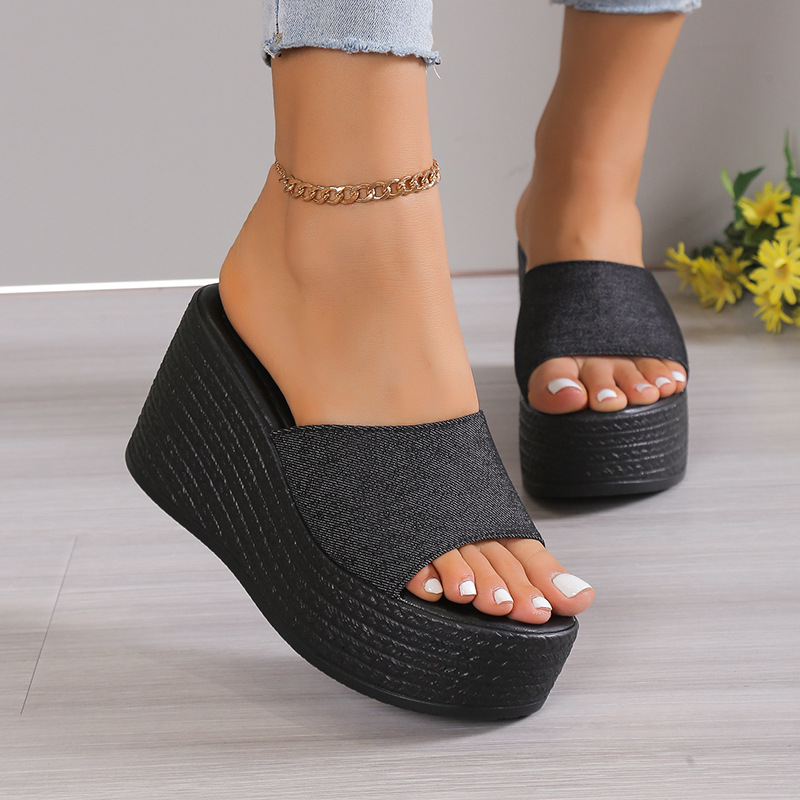 Sandali con zeppa da donna in denim punta aperta per uso esterno_voghion.com