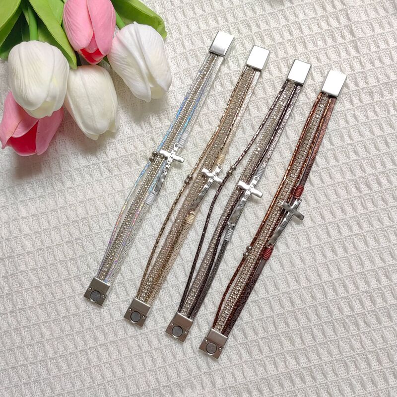 Cross-Border Hot Selling European and American Religious Cross Leather Diamond Women's Multi-Layer Bracelet Magnetic Buckle Bracelet Jewelry Wholesale