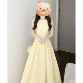 法式黄色无袖背心连衣裙女夏季2026新款巨好看绝美气质掐腰长裙