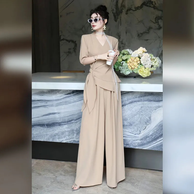 设计感时尚气质套装女夏季新款V领绑带修身显瘦上衣阔腿裤两件套|undefined