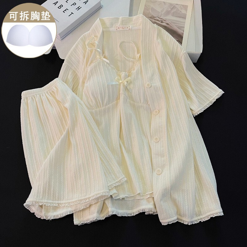Spring and Summer Knitted Cotton Three-Piece Set with Breast Pads, Pure Color Jacquard Suspender Pajamas for Women, New Sweet Girly Home Clothes