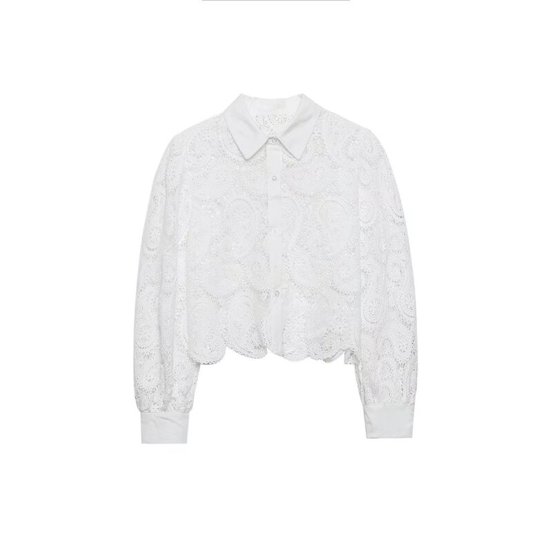 Cross-Border Women's Summer New Fashion Sexy See-Through Tops Crochet Hollow Lace Shirts Wholesale