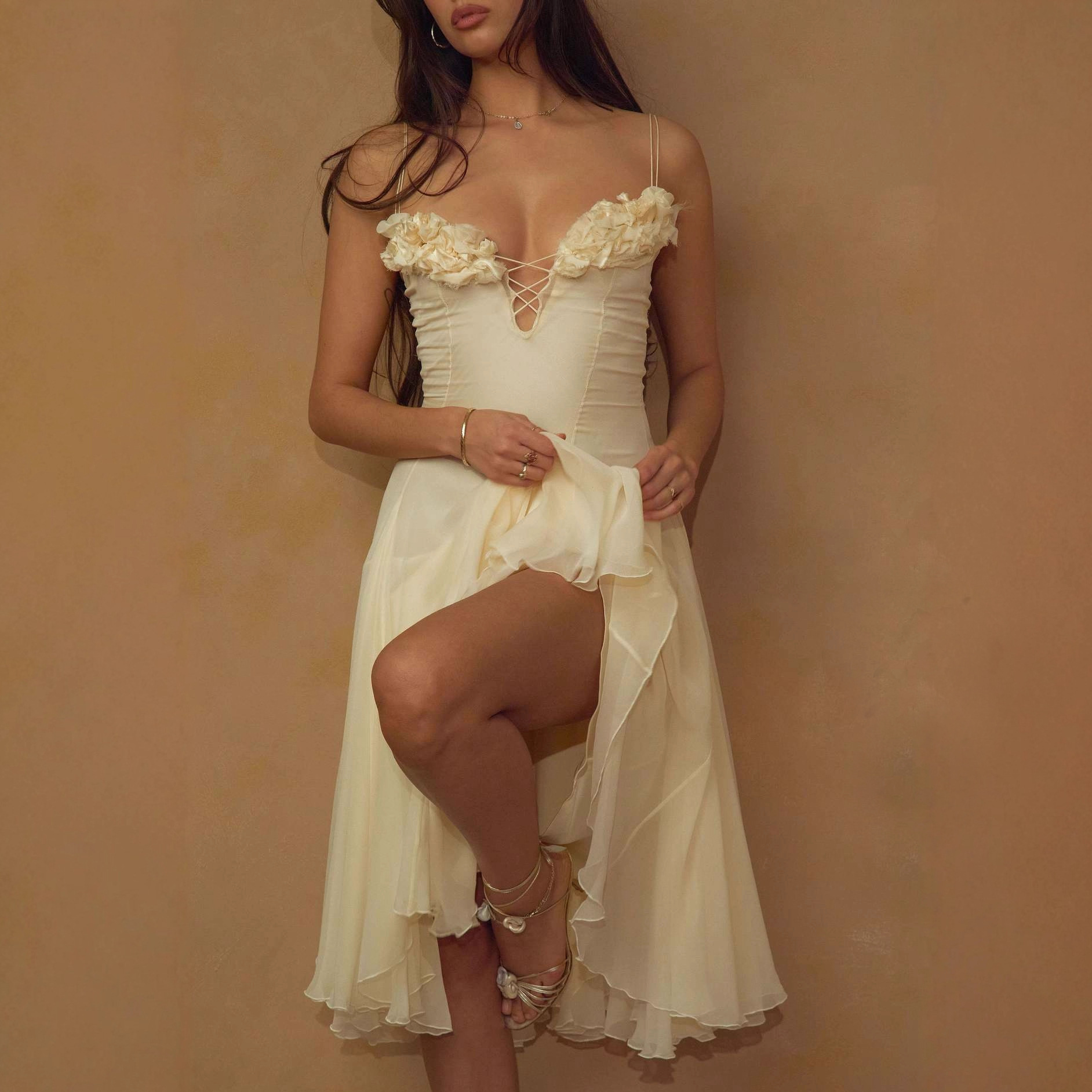 Cross-Border Evening Dress Wholesale Christmas New Dress with Three-Dimensional Flowers Deep V-Neck Single-Piece Mid-Length Dress