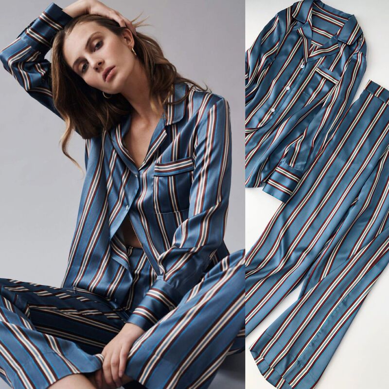 British-Style Niche Lazy Vibe Sand-Washed Silk Pajama Set Prussian Blue Striped Silk Shirt + Long Pants