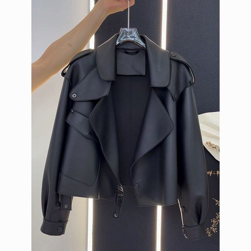 2025 Spring and Autumn Design Sense Loose American Retro Black Leather Short Coat Women's Small Motorcycle Style 2025 Spring and Autumn Design Sense Loose American Retro Black Leather Short Coat Women's Small Motorcycle Style