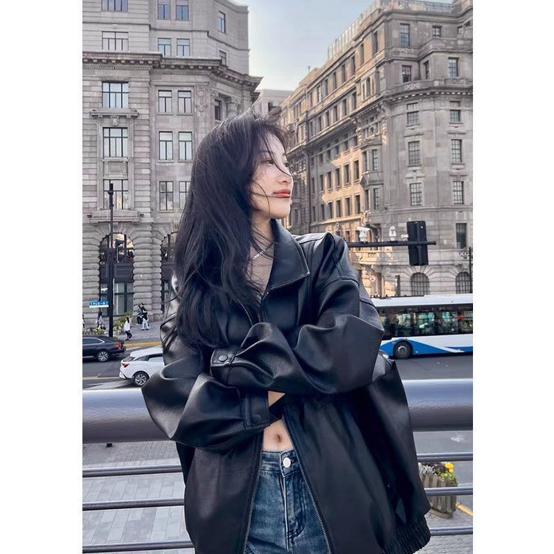 Loose Silhouette Design Biker Leather Jacket for Women, Retro Black Jacket, 2025 Autumn New Versatile Jacket Loose Silhouette Design Biker Leather Jacket for Women, Retro Black Jacket, 2025 Autumn New Versatile Jacket