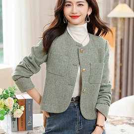 复古老钱风羊毛短外套女2024早秋新款高级感小香粗花呢外衣小个子