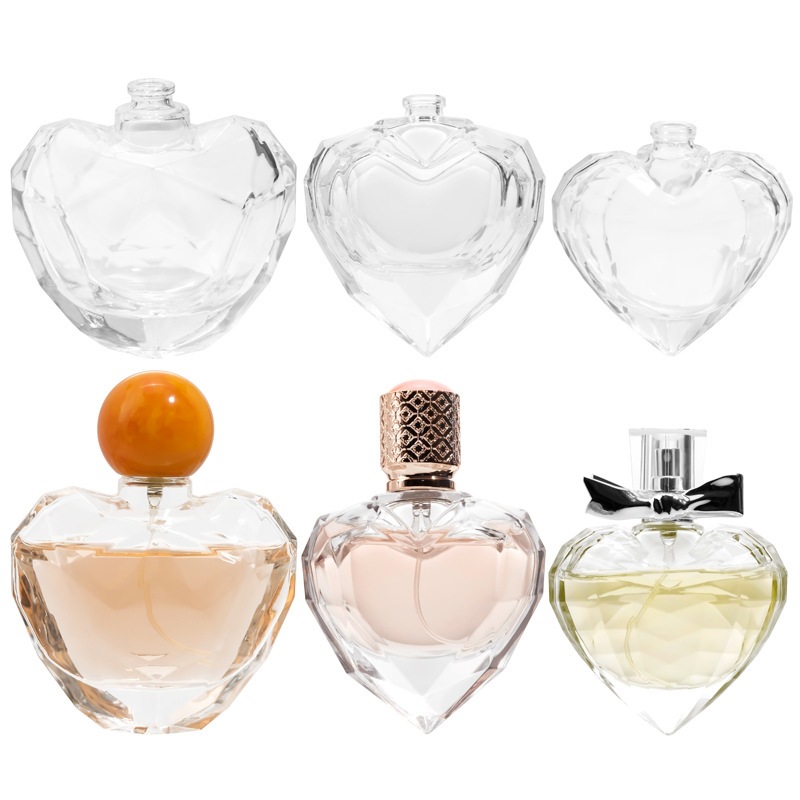 Suministro de botellas de perfume en forma de corazón 100ml 50ml 60ml botellas de pulverización de corazón de melocotón de presión de botellas de vidrio creativas