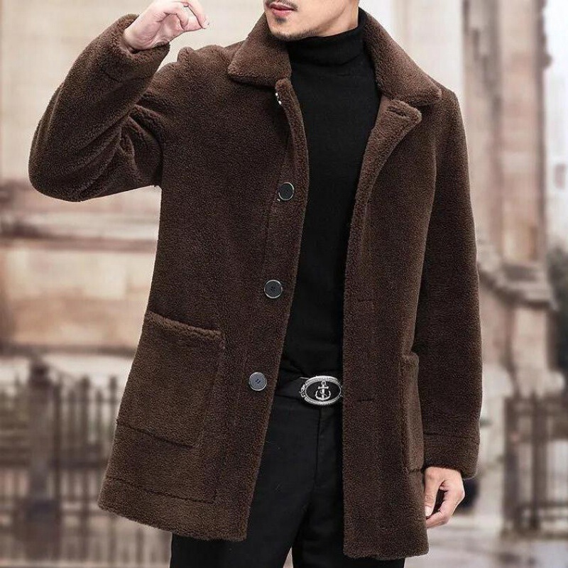 Imitation Lambskin Autumn and Winter New Jacket Lapel Short Imitation Fur Coat Men Lambskin Thickened Coat Long Coat