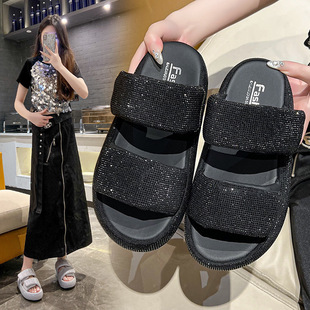 2025 New Summer Style Rhinestone One-Word Velcro Thick-Soled Versatile High-Bottom Open-Toe Beach Sandals Outer Slippers