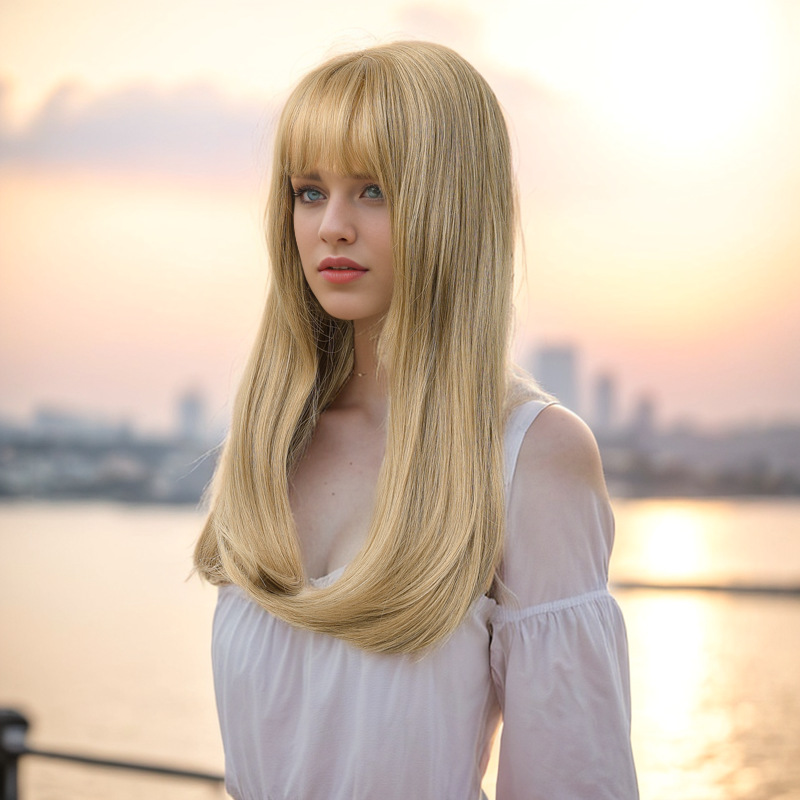 Synthetic Wig Ladies Princess Trimming Face Long Straight Air Bang Mechanized Chemical Fiber Hair Cover_voghion.com