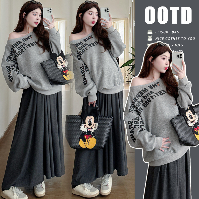 New Products Pregnant Women suit Autumn Fashion Slant Shoulder Letter Design Long Sleeve Sweat High Weight Skirt