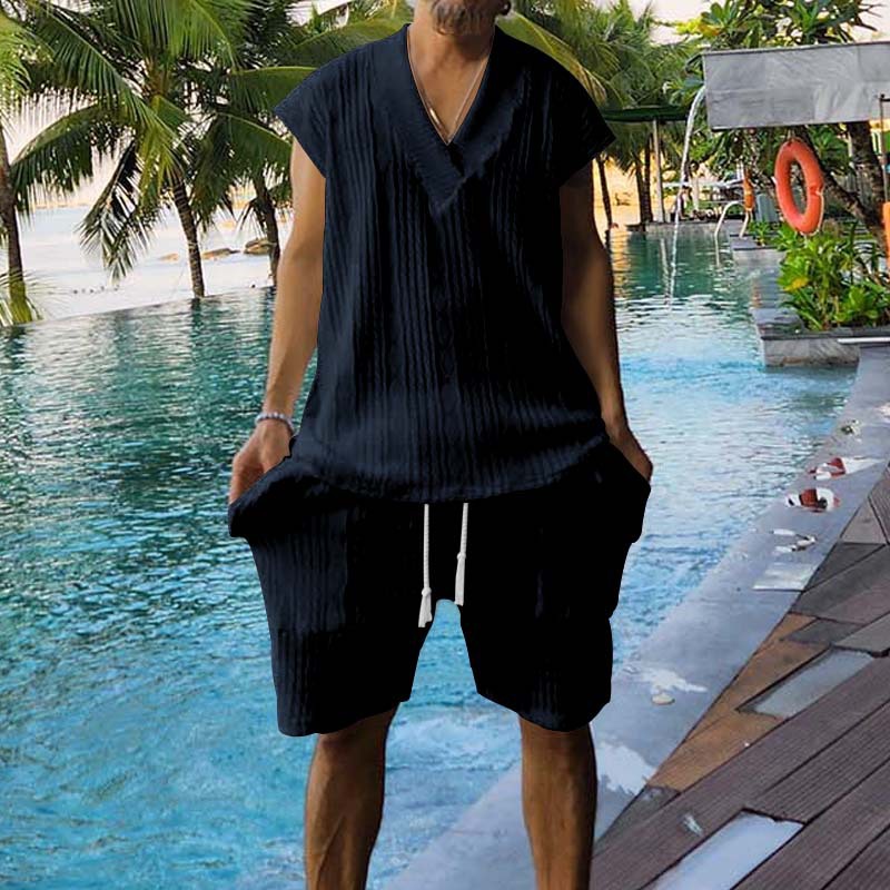 Men's Summer Jacquard Knit Short Sleeve Shirt And Shorts Set, Comfortable Casual Lounge Wear_viptrois.com