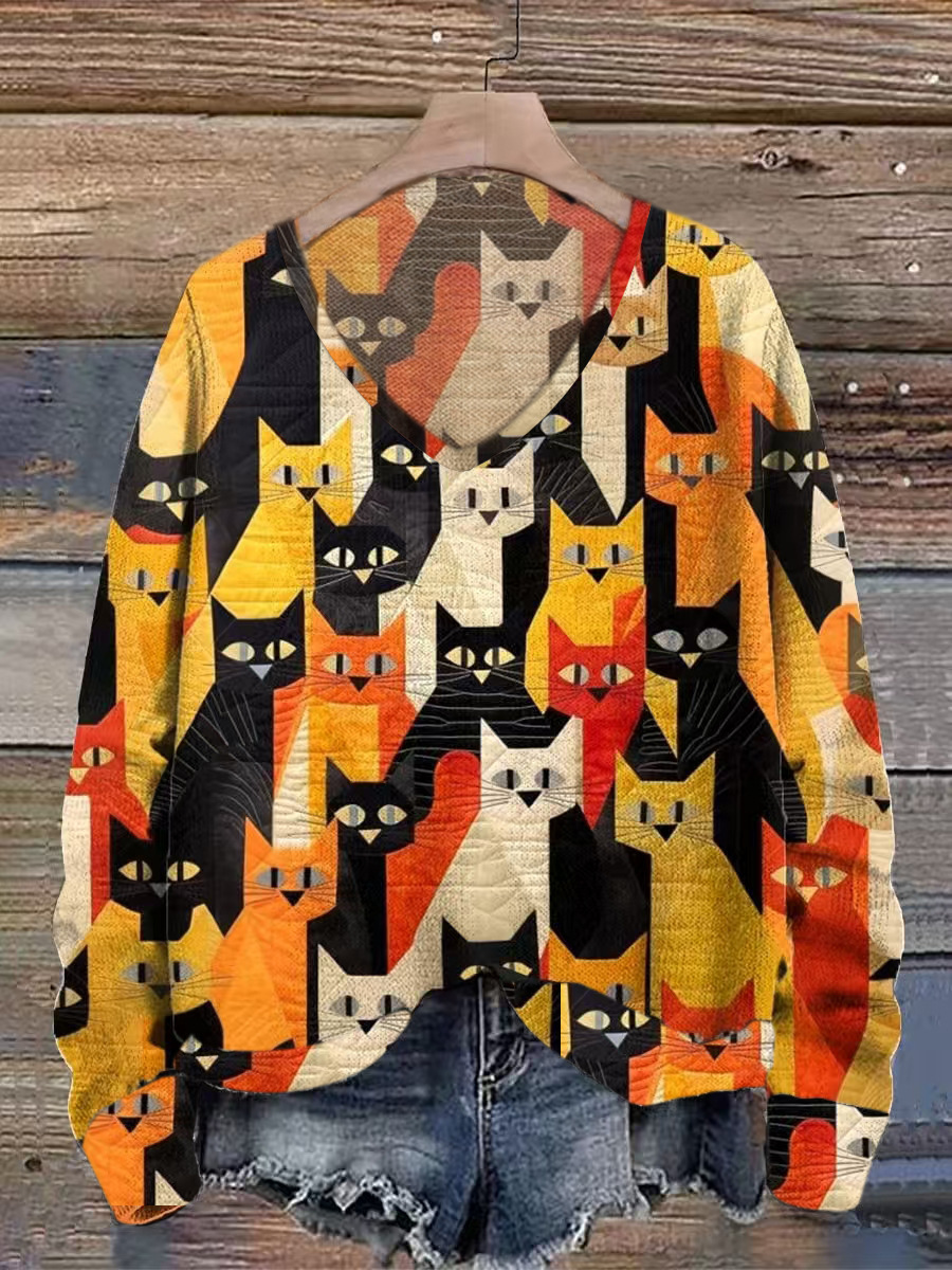 Cross-Border Hot-Selling Plus-Size Women's Clothing Autumn and Winter V-Neck Animal Print Loose Knit Sweater Women's Cat Lazy Style Long-Sleeved Sweater