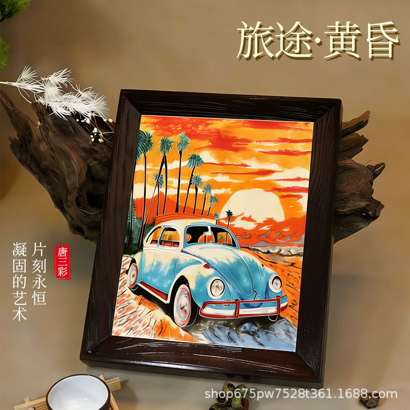 Three-Color Porcelain Plate Painting, Luoyang Ceramic Crafts, Home Decor, Collectibles, Gifts, Hanging Paintings, Elm Wood Picture Frames, Foreign Trade, Western Style