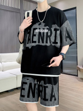 【2件套】港风休闲套装男士夏季潮流迷彩痞帅宽松短袖短裤痞帅t恤