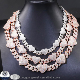 Hip-hop style sterling silver hollow love 8mm-12mm Cuban chain inlaid high quality Mosan diamond personality necklace