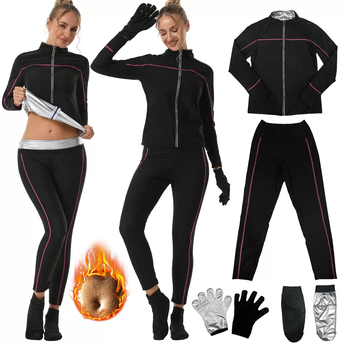 跨境塑身衣爆汗高腰收腹裤瑜伽套装运动桑拿拉链长袖高领健身套装