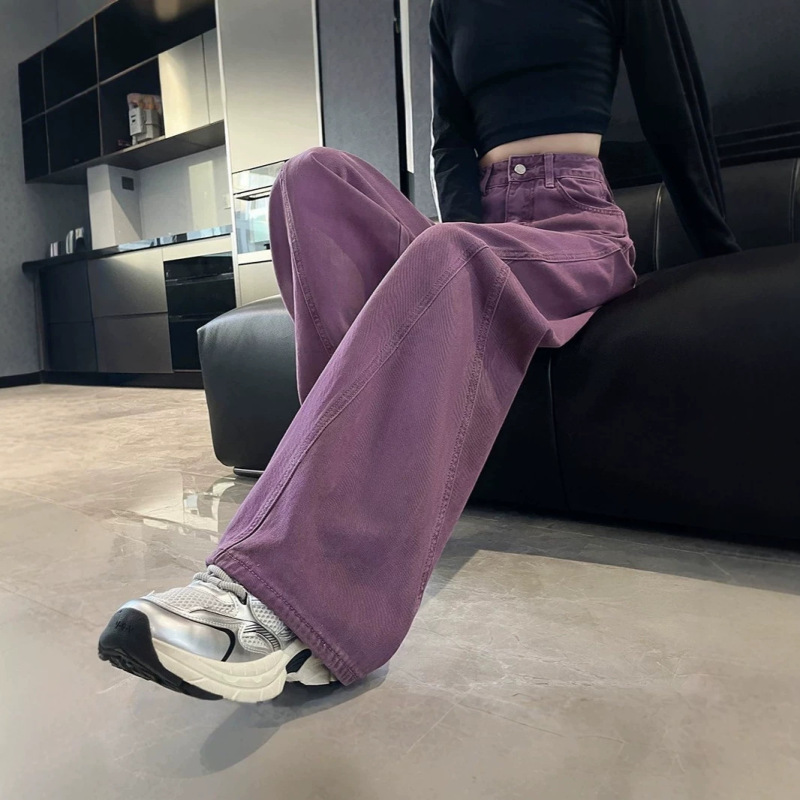 Trendy loose wide-leg jeans for women, curved purple, high-waisted, slimming, workwear style, new for autumn 2026 Trendy loose wide-leg jeans for women, curved purple, high-waisted, slimming, workwear style, new for autumn 2026