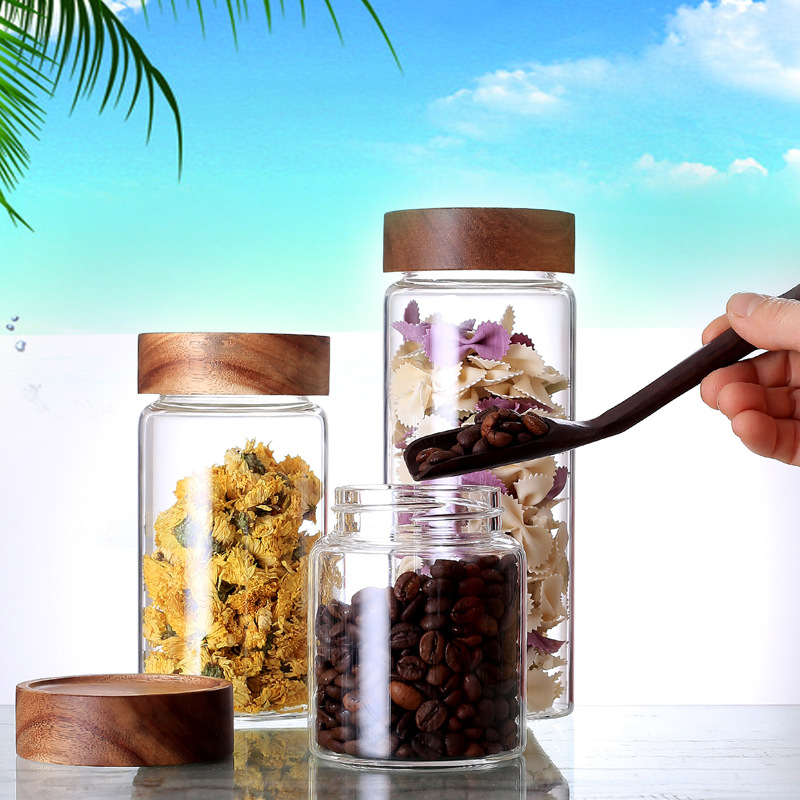 En stock boca de grano espiral tarro de almacenamiento de vidrio tarro de té cocina botella de vidrio de almacenamiento Acacia tapa de madera tarro sellado de vidrio