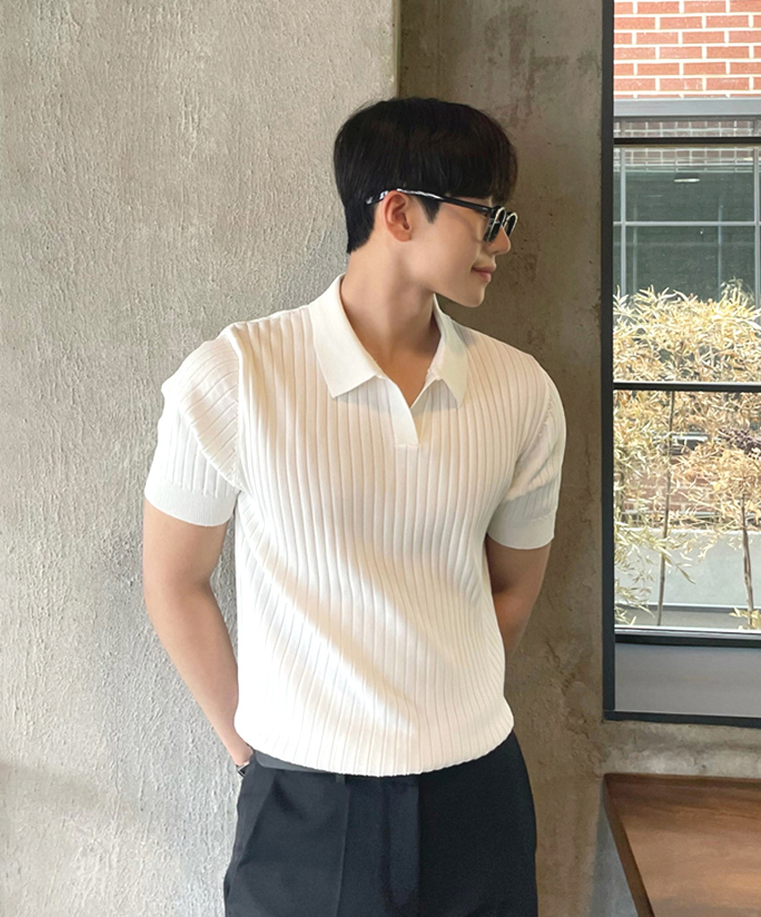 Polo de punto con cuello de gaviota Suéter de manga corta delgado europeo para hombre Suéter transpirable de seda fría Suéter Paul Cuello en v