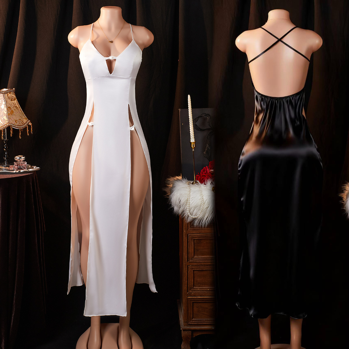 New Style Pure and Sexy Nightgown, Long Side-Slit Backless Nightgown, Slim-Fit Nightgown