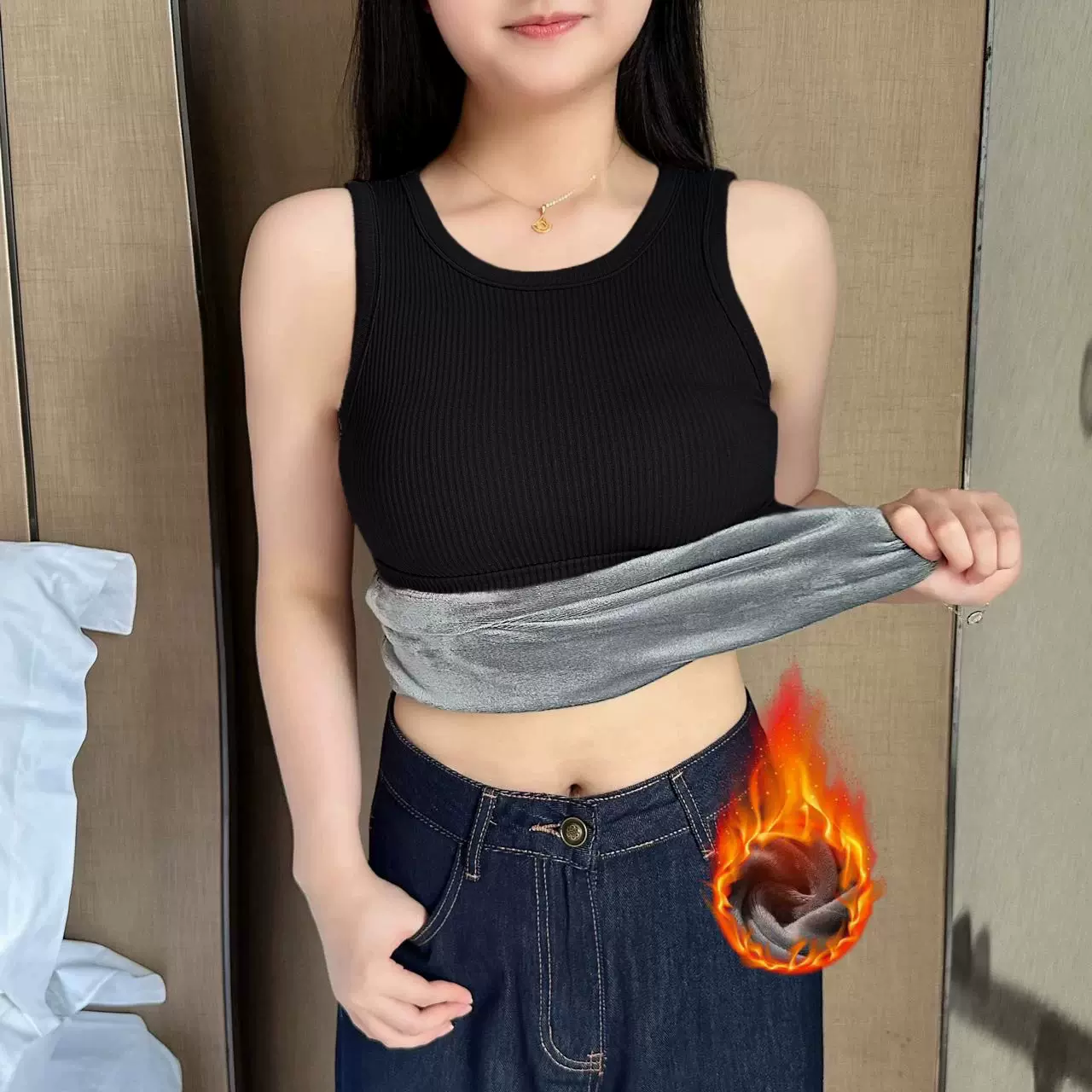 保暖背心女冬固定杯德绒加绒加厚超柔内里发热修身螺纹贴身打底衫