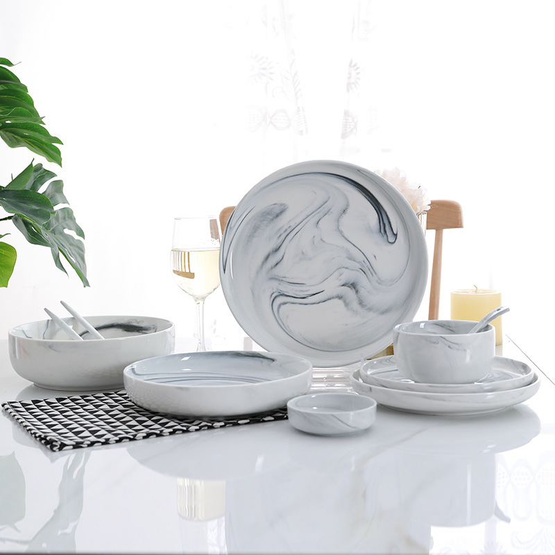 Scandinavian Tableware and Dishes Set Marble Household Rice Bowl Housewarming Gift Box Set European Style Daily Steak Plate