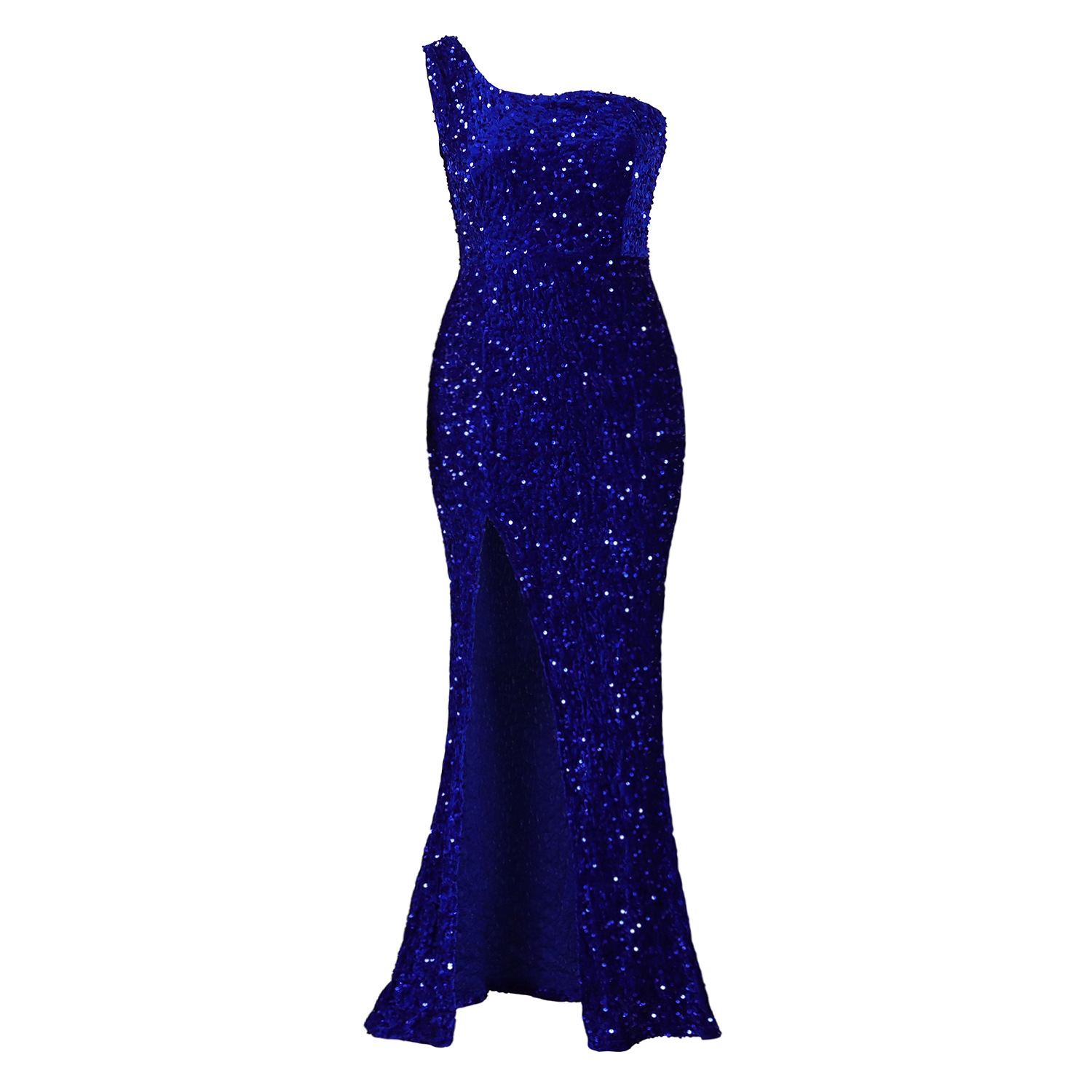 Elegant Sequin Maxi Dress Asymmetrical Shoulder High Slit Fashionable Design Evening Wear Party Dress Wholesale