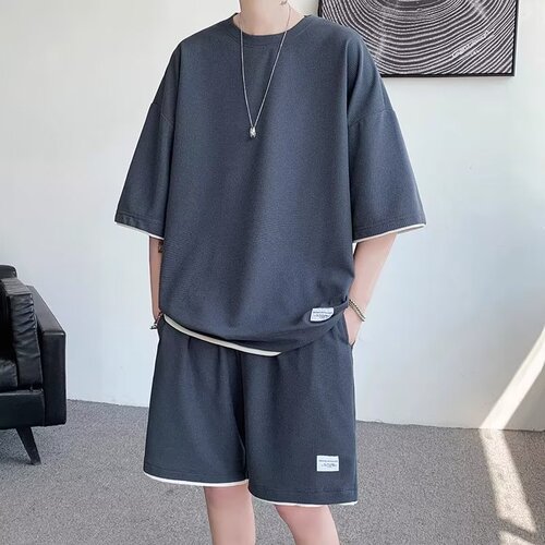 Summer quick-drying short-sleeved T-shirt casual suit men's waffle fake two-piece loose men's basketball sports suit