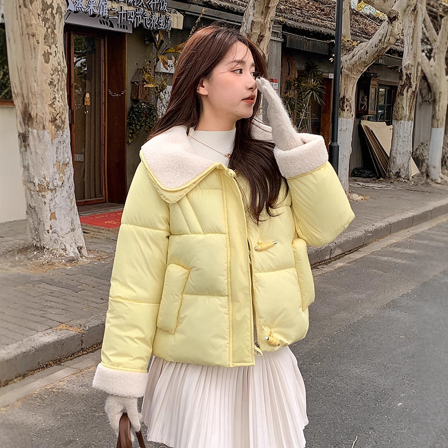 洋气娃娃领拼接羊羔绒短款棉衣女新款百搭2025冬季保暖学生