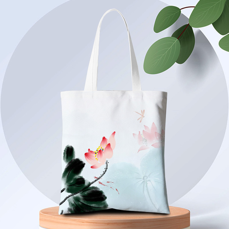 古风水墨帆布包女2023新款古风手袋荷花文艺帆布袋民族风汉服背包