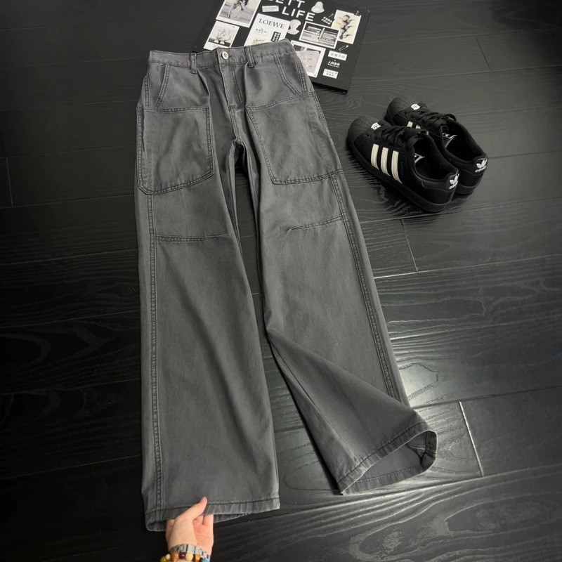 American retro style large pocket workwear casual pants, new spring and autumn loose straight versatile slimming wide-leg trousers