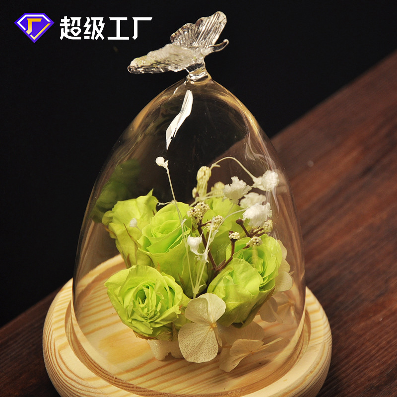 Mxmade vidrio creativo paisaje cubierta mariposa cubierta de vidrio micro paisaje florero flor eterna cubierta de vidrio