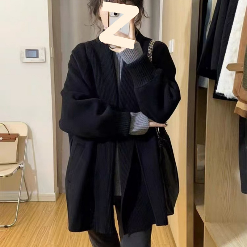 复古法式黑色毛衣外套开衫女秋冬季新款宽松慵懒风中长款针织上衣|undefined