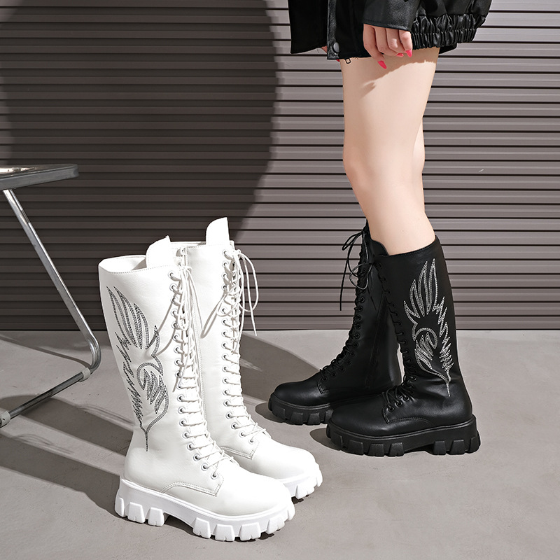 Women's Plus Size Knee High Zipper Boots British Style Embroidered Retro Slim Fit Thick Sole Round Toe Autumn_voghion.com