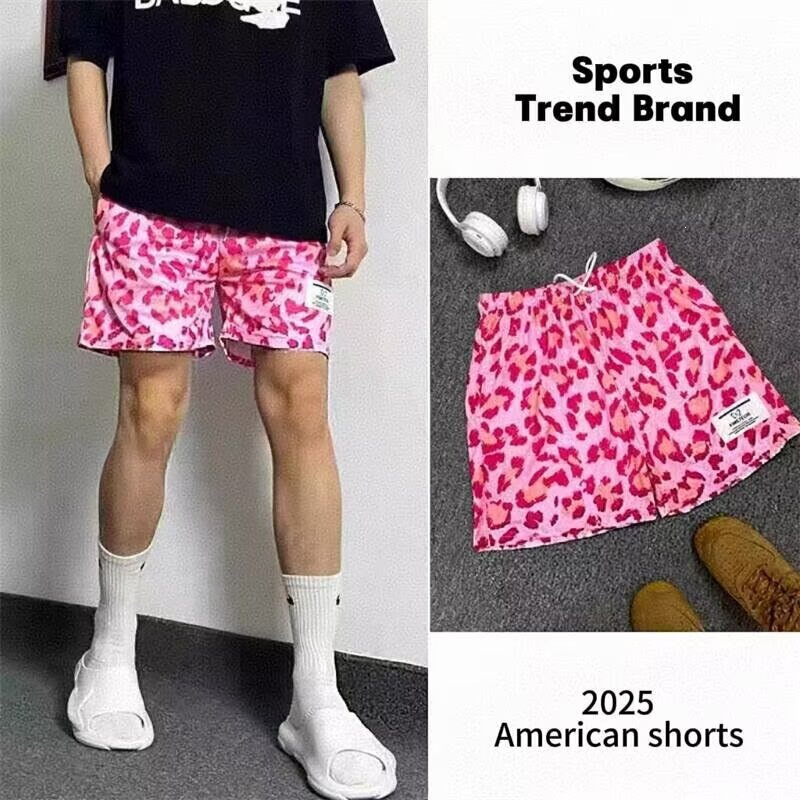2026 Men's Quick-Dry Shorts, American Casual Style, Elastic Waist, Breathable, Leopard Print, Loose Fit, Sports Basketball Quarter Shorts, Brown 2026 Men's Quick-Dry Shorts, American Casual Style, Elastic Waist, Breathable, Leopard Print, Loose Fit, Sports Basketball Quarter Shorts, Brown