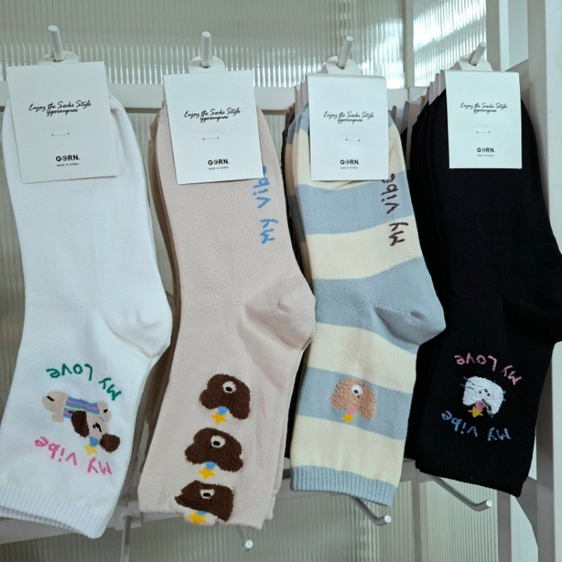 Korean Dongdaemun Flocked Bear and Puppy Cartoon Socks Gg Girl Mid-Tube Autumn and Winter New Japanese Style Striped Cotton Socks